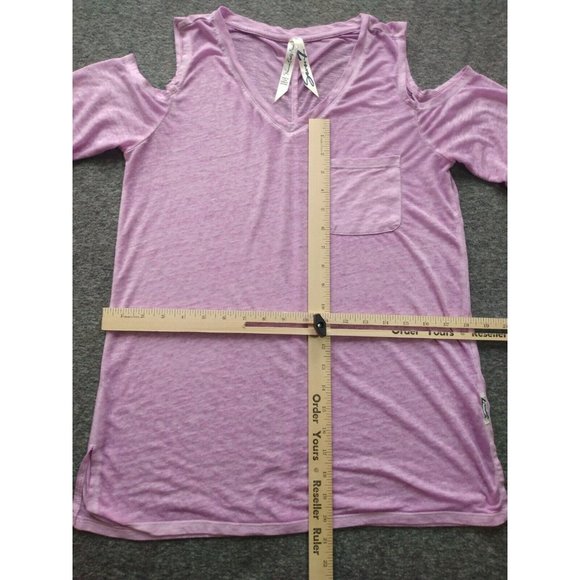 Seven 7 Top Womens Sz Small Open Exposed Shoulder Blouse Scoop Neck Shirt Purple - Picture 7 of 12